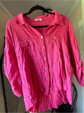 First Love Hot Pink Ribbed Button-Up Top